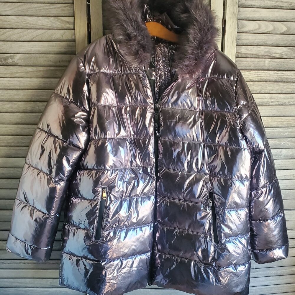 Warm & Cozy WHITE MARK Gray Metallic PUFFER JACKET PLUS Size XXL 2X